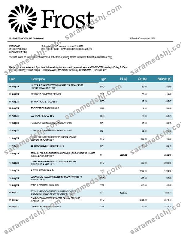 Frost Bankers enterprise account statement Word and PDF template